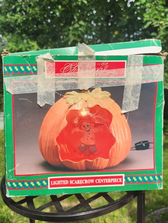 Source Unknown Other - Halloween, Vintage, Fall, Spooky, Open Pumpkin Lighted Scarecrow Centerpiece